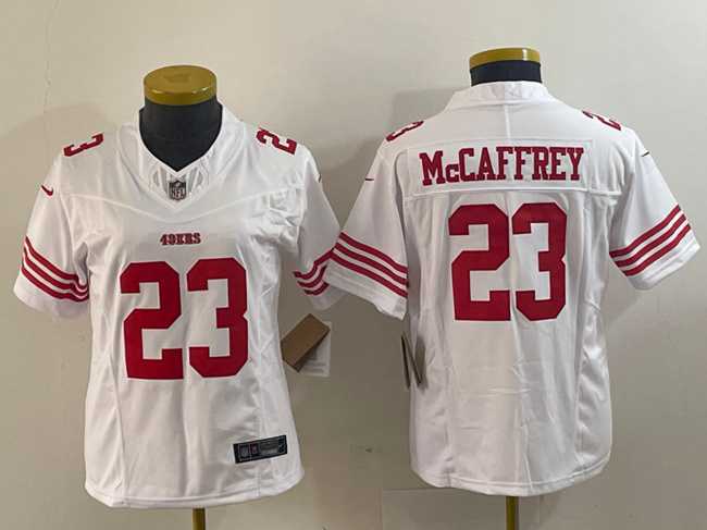 Womens San Francisco 49ers #23 Christian McCaffrey White 2023 F.U.S.E. Vapor Untouchable Football Stitched Jersey(Run Small)